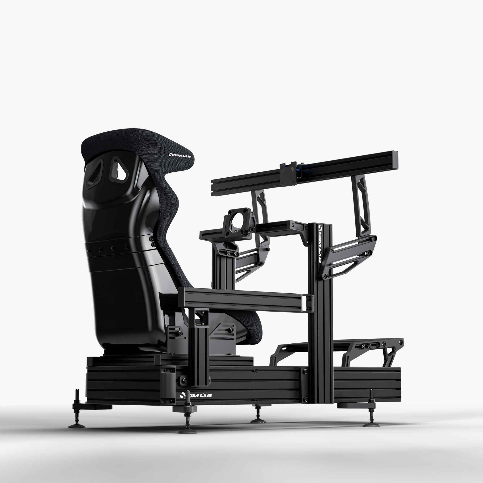 P1X Ultimate sim racing cockpit with front mount, S1 Enduro GT Seat in black and integrated single monitor mount