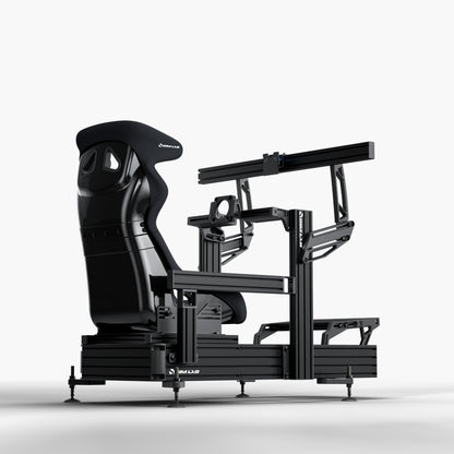 P1X Ultimate sim racing cockpit with front mount, S1 Enduro GT Seat in black and integrated single monitor mount