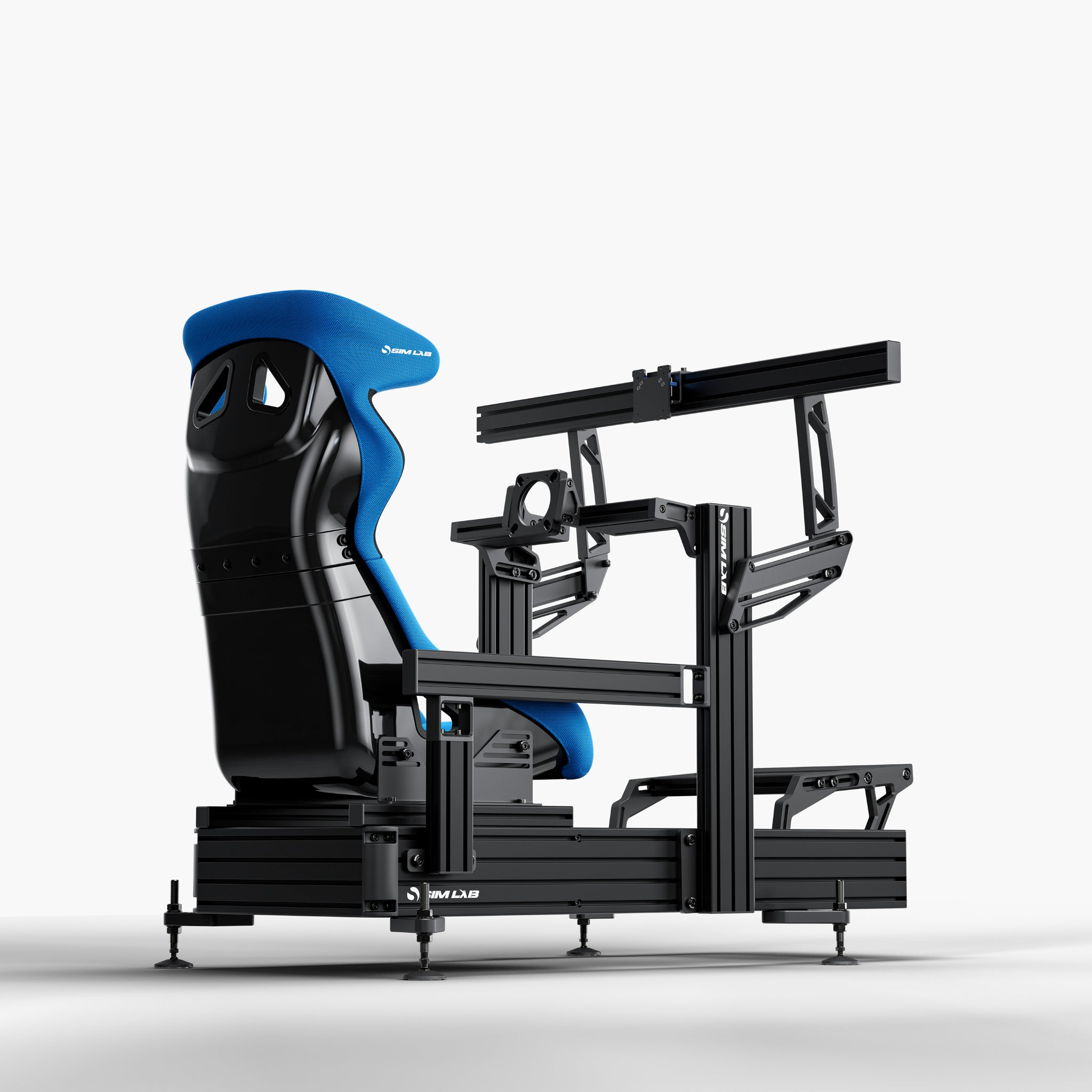 P1X Ultimate sim racing cockpit with front mount, S1 Enduro GT Seat in blue and integrated single monitor mount