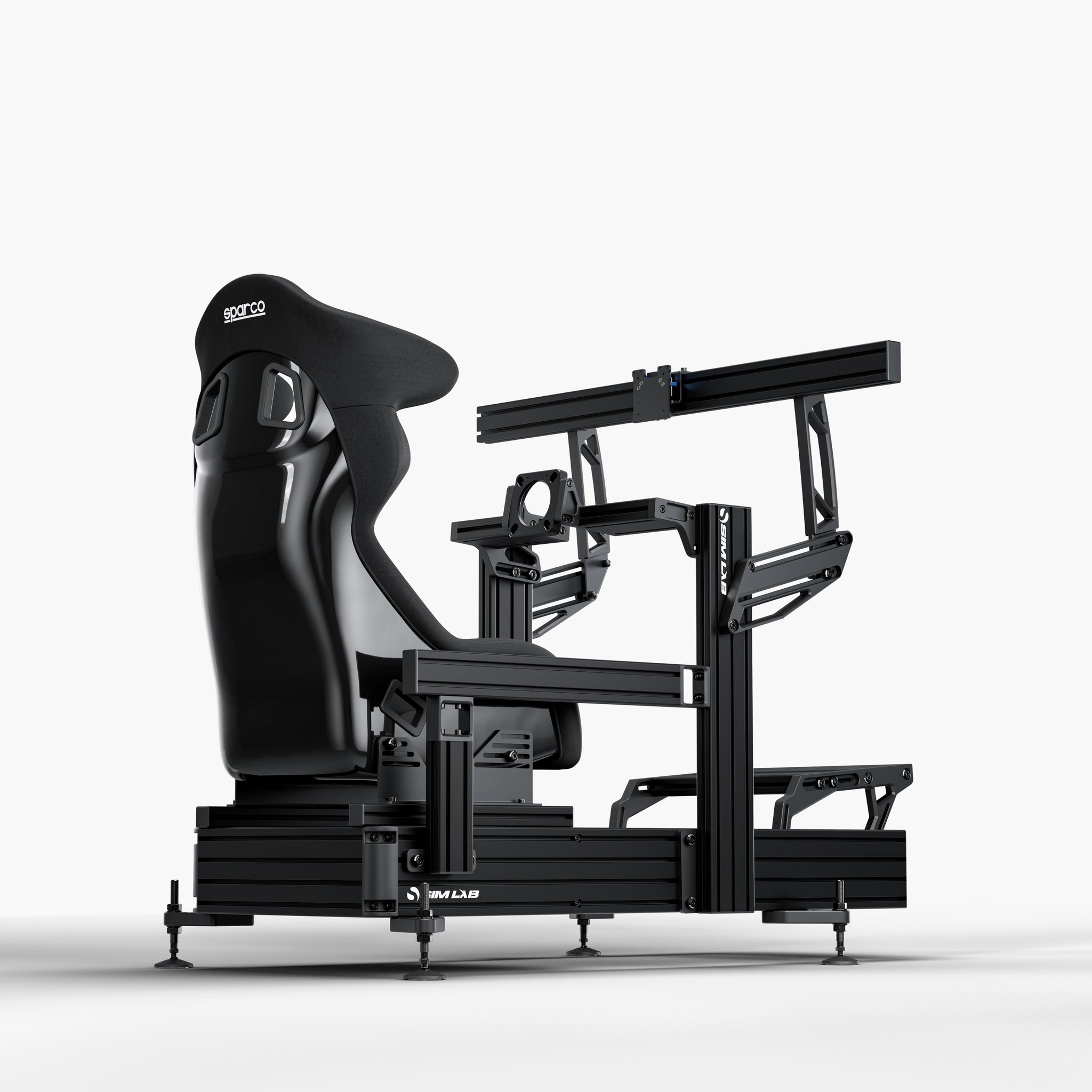 P1X Ultimate sim racing cockpit with front mount, Sparco Circuit II and integrated single monitor mount