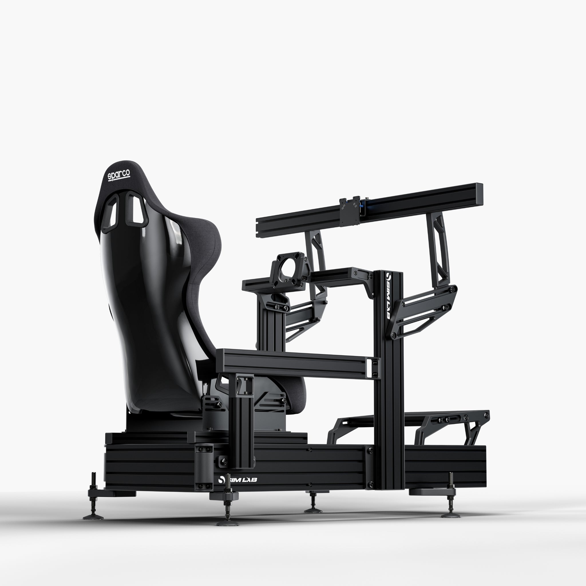 P1X Ultimate sim racing cockpit with front mount, Sparco Grid-Q Seat and integrated single monitor mount