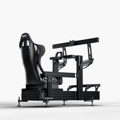 P1X Ultimate sim racing cockpit with front mount, Sparco Grid-Q Seat and integrated single monitor mount