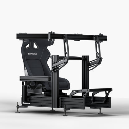 P1X Ultimate sim racing cockpit with wheeldeck, S1 Enduro GT Seat in black and integrated triple monitor mount