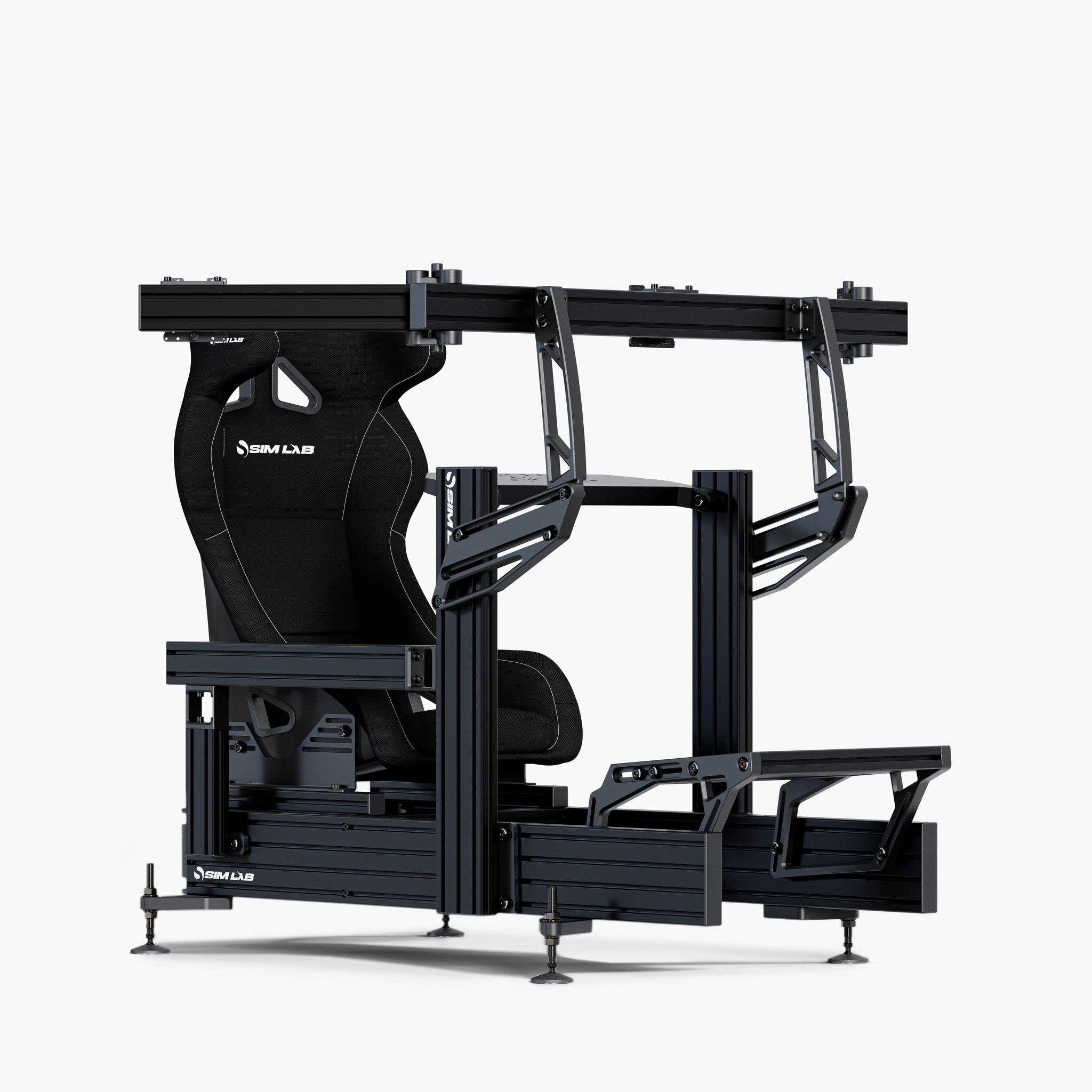 P1X Ultimate sim racing cockpit with the wheeldeck mount, Integrated triple monitor mount, and Speed1 black. 