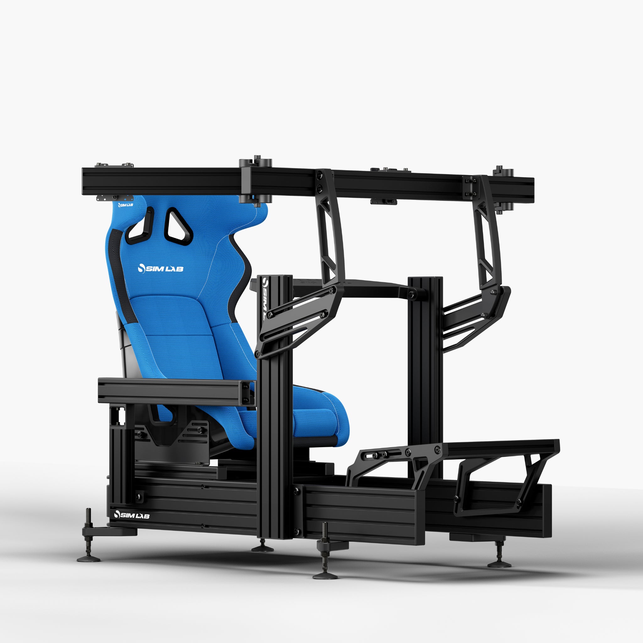P1X Ultimate sim racing cockpit with wheeldeck, S1 Enduro GT Seat in blue and integrated triple monitor mount
