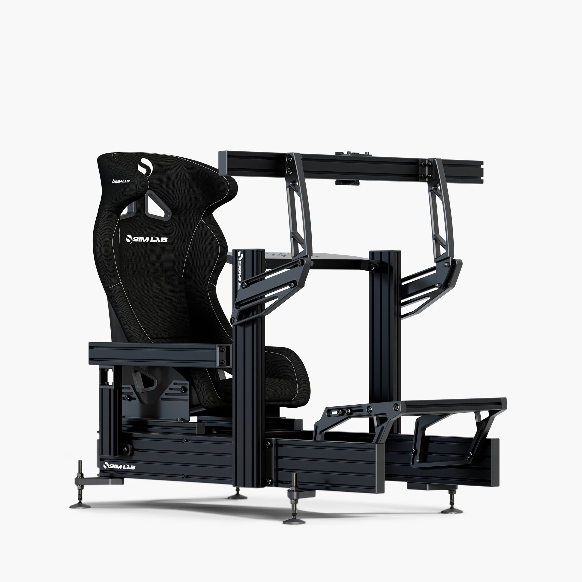 P1X Ultimate sim racing cockpit with the wheeldeck mount, Integrated single monitor mount, and Speed1 black. 