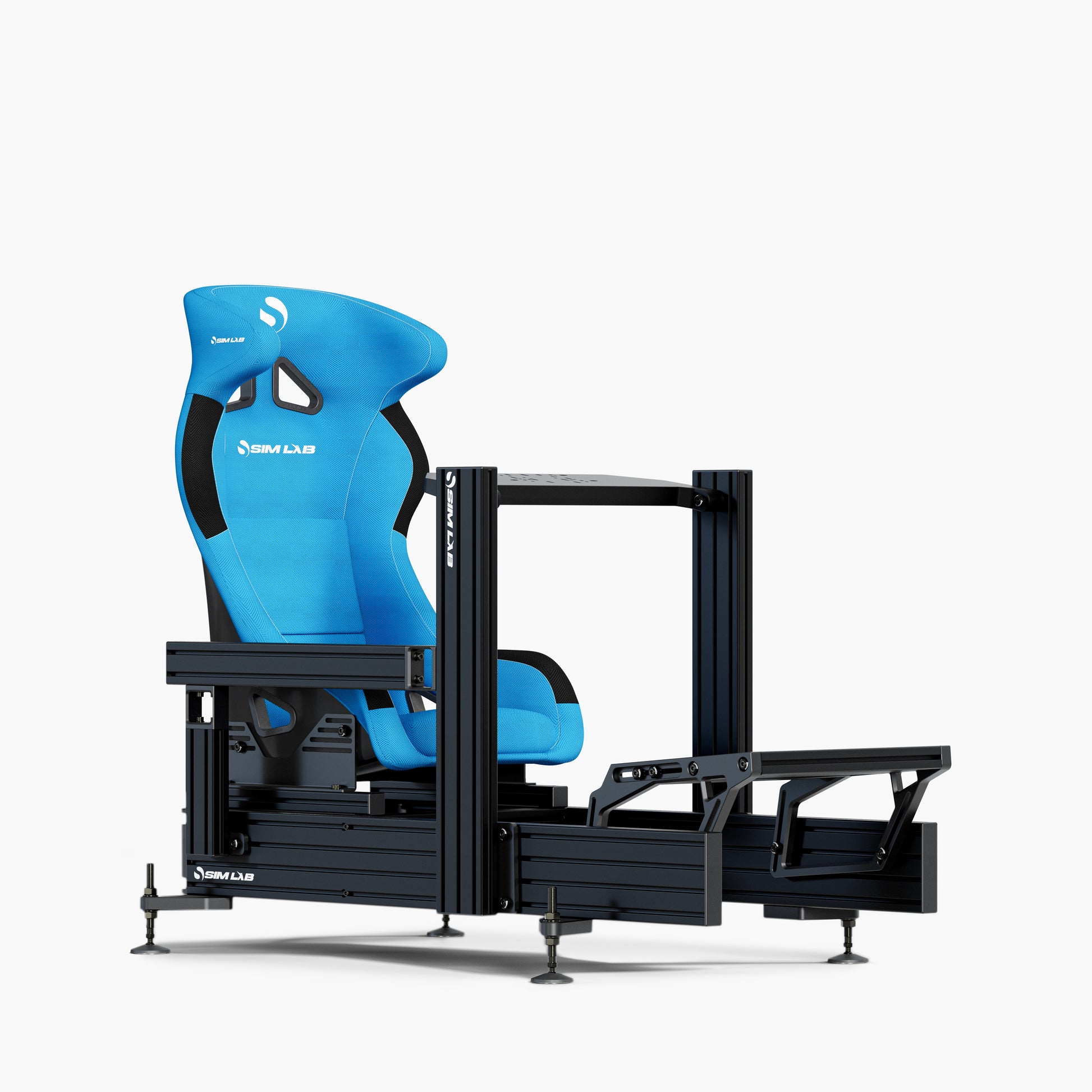 P1X Ultimate sim racing cockpit with the wheeldeck mount and Speed1 blue seat. 