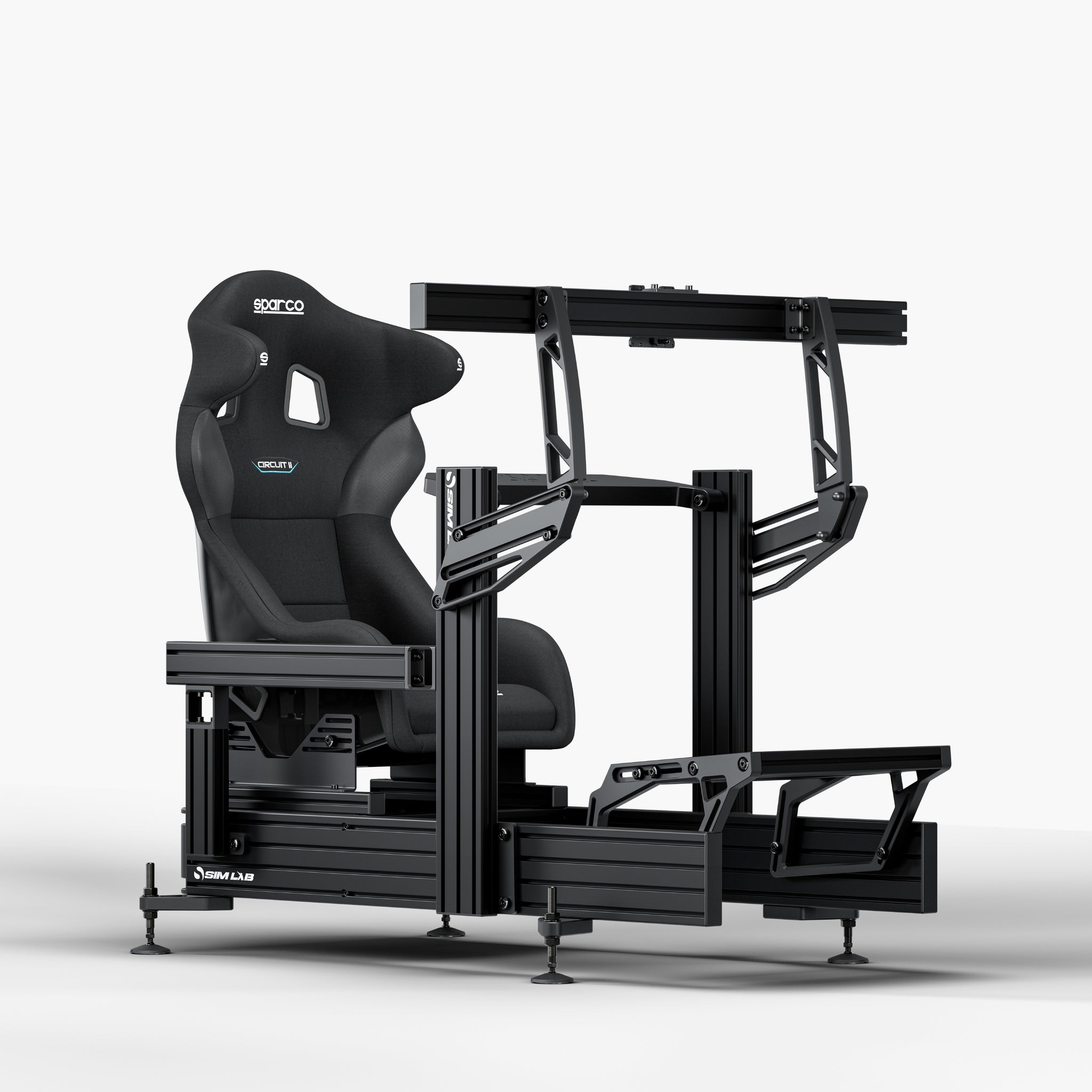 P1X Ultimate sim racing cockpit with wheeldeck, Sparco Circuit II Seat and integrated single monitor mount