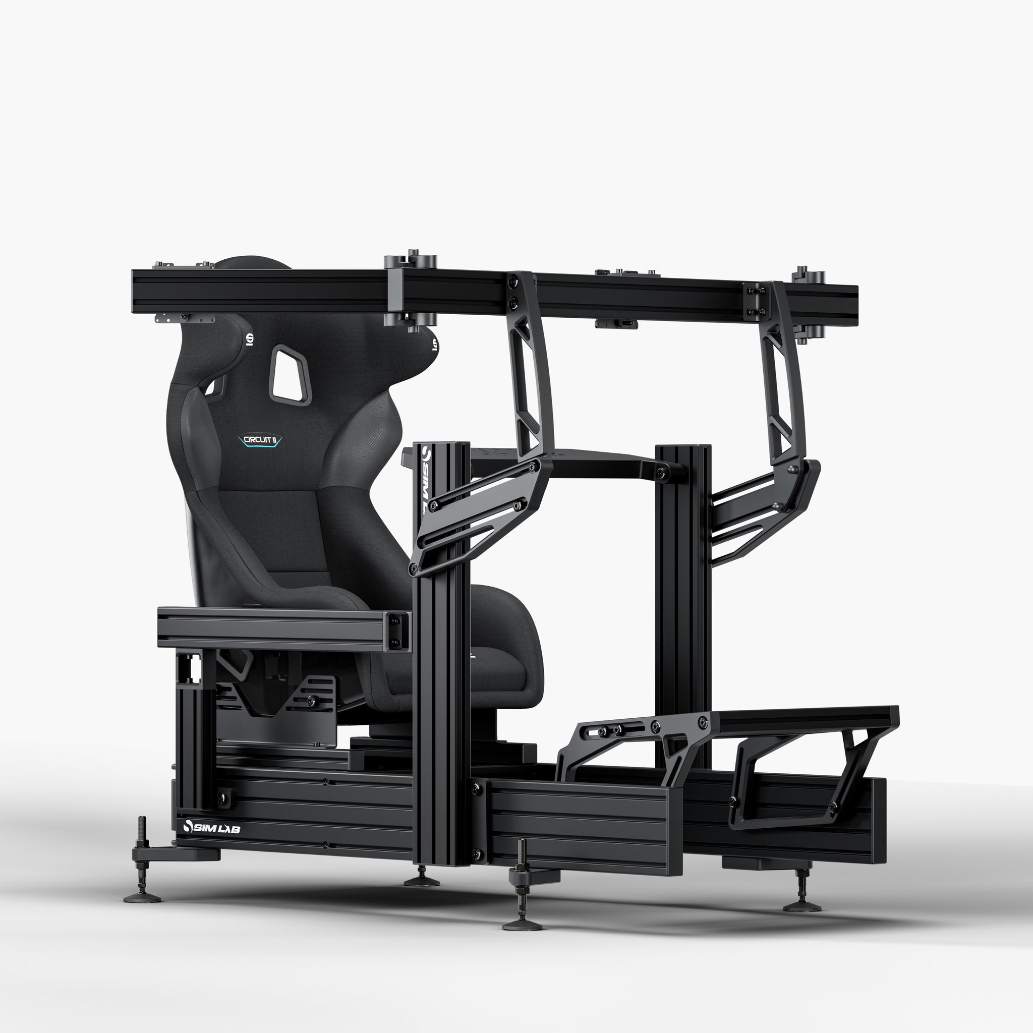 P1X Ultimate sim racing cockpit with wheeldeck, Sparco Circuit II Seat and integrated triple monitor mount