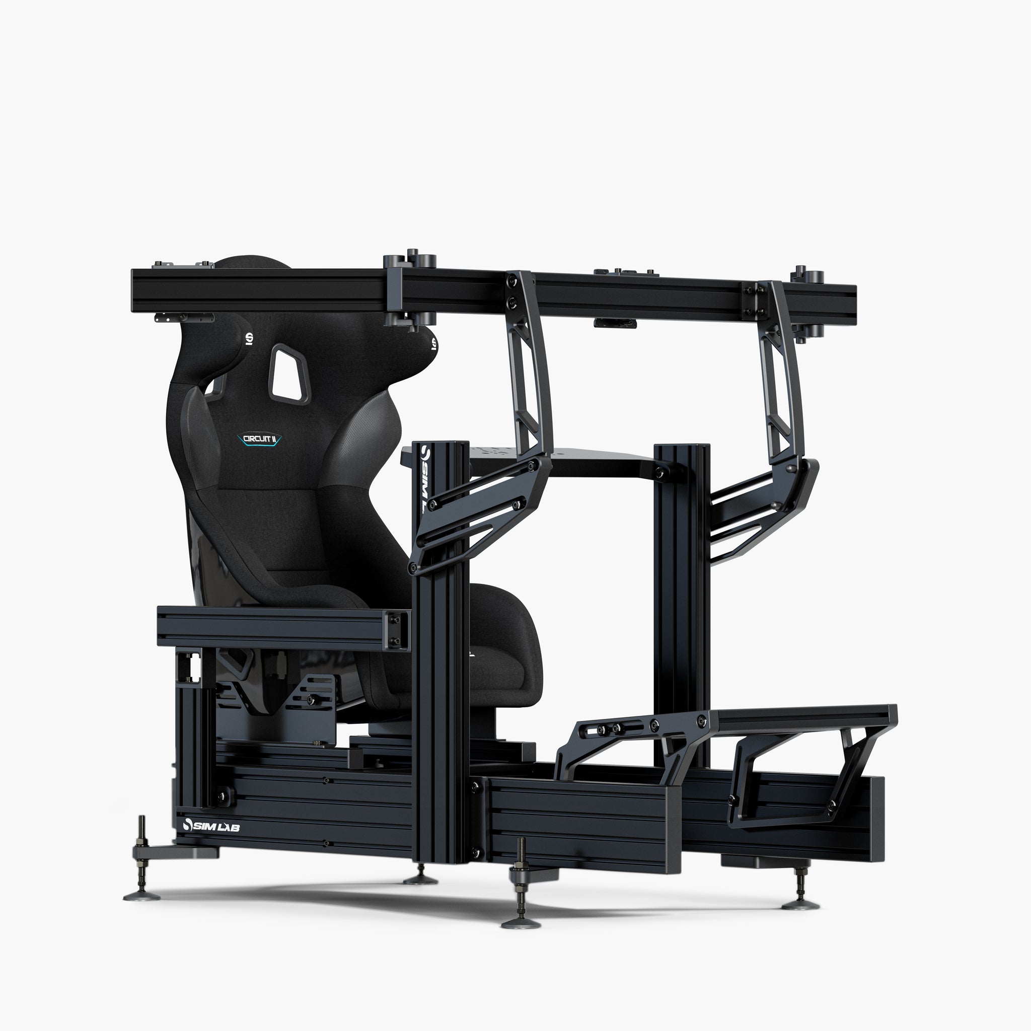 P1X Ultimate sim racing cockpit with the wheeldeck mount, Integrated triple monitor mount, and Sparco Circuit II seat. 