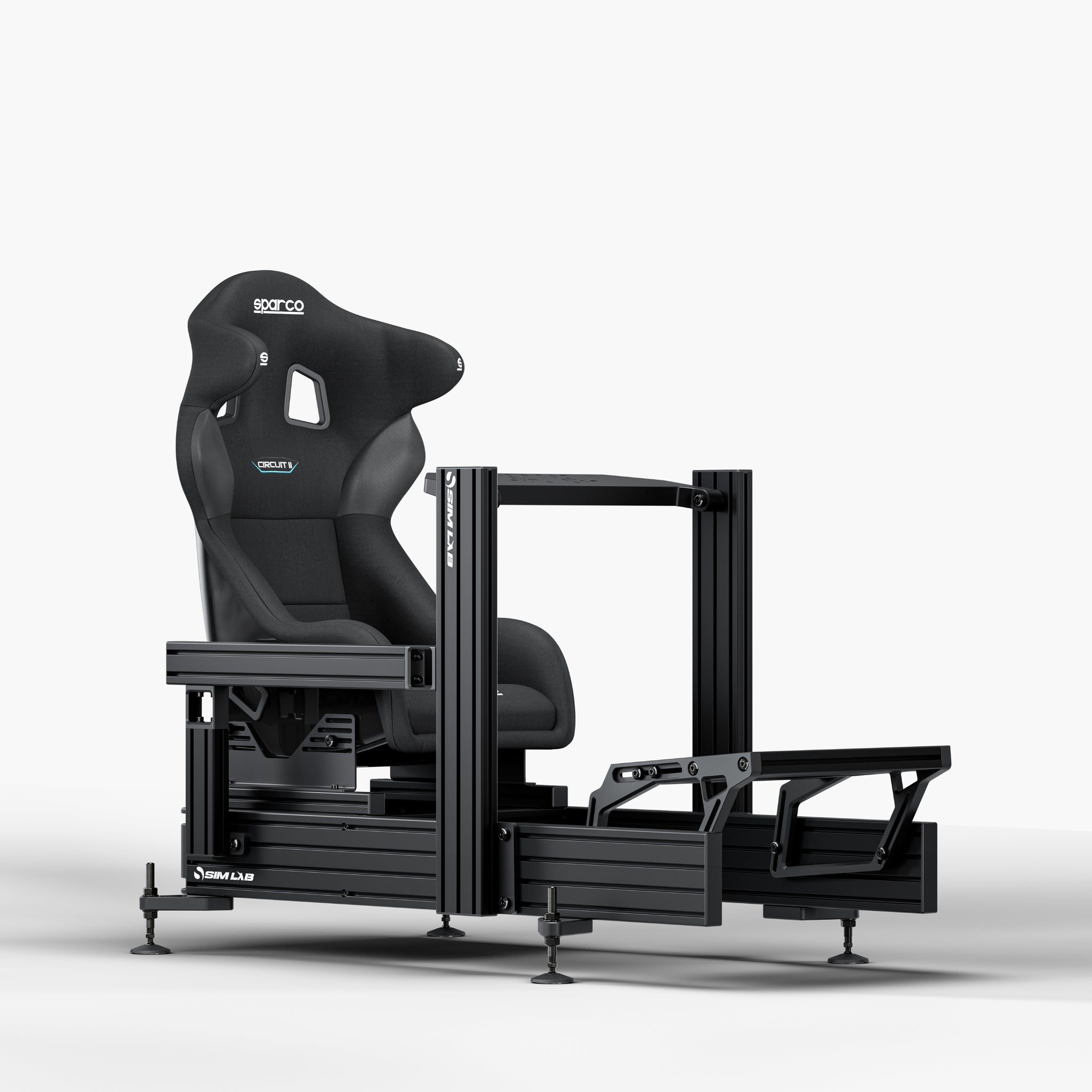 P1X Ultimate sim racing cockpit with wheeldeck mount and Sparco Circuit II