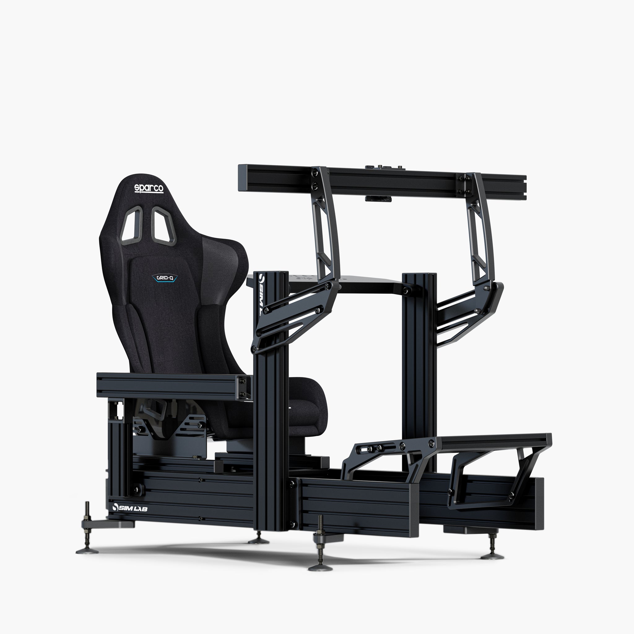 P1X Ultimate sim racing cockpit with the wheeldeck mount, Integrated single monitor mount, and Grid Q seat.