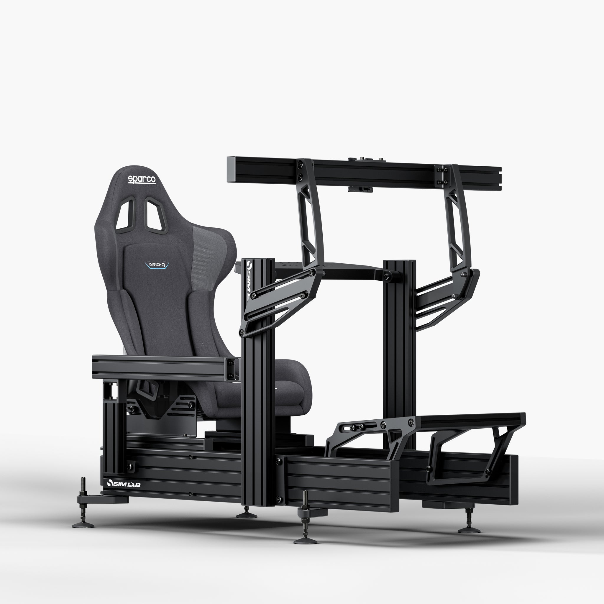 P1X Ultimate sim racing cockpit with wheeldeck, Sparco Grid-Q Seat and integrated single monitor mount