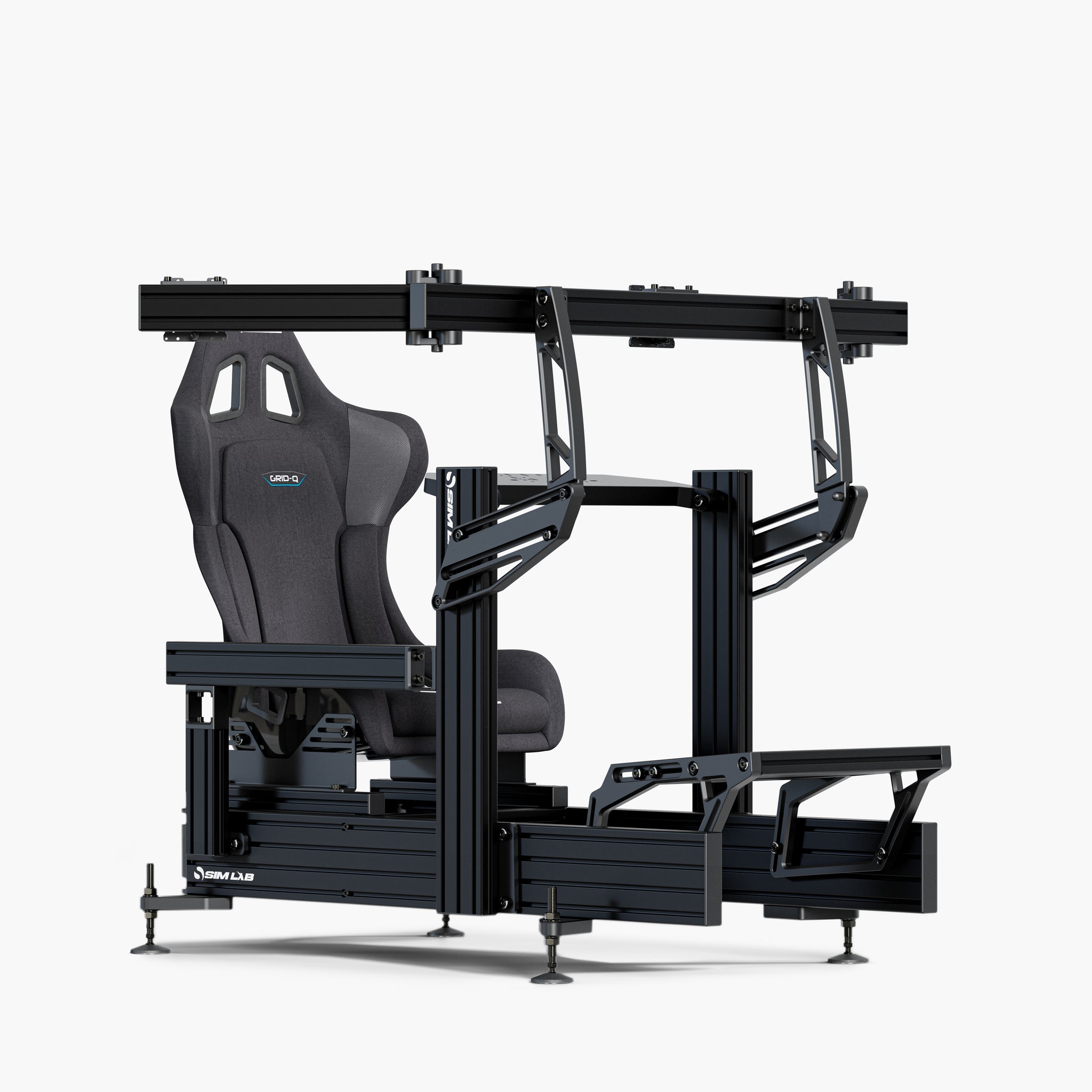 P1X Ultimate sim racing cockpit with the wheeldeck mount, Integrated triple monitor mount, and Grid Q seat. 