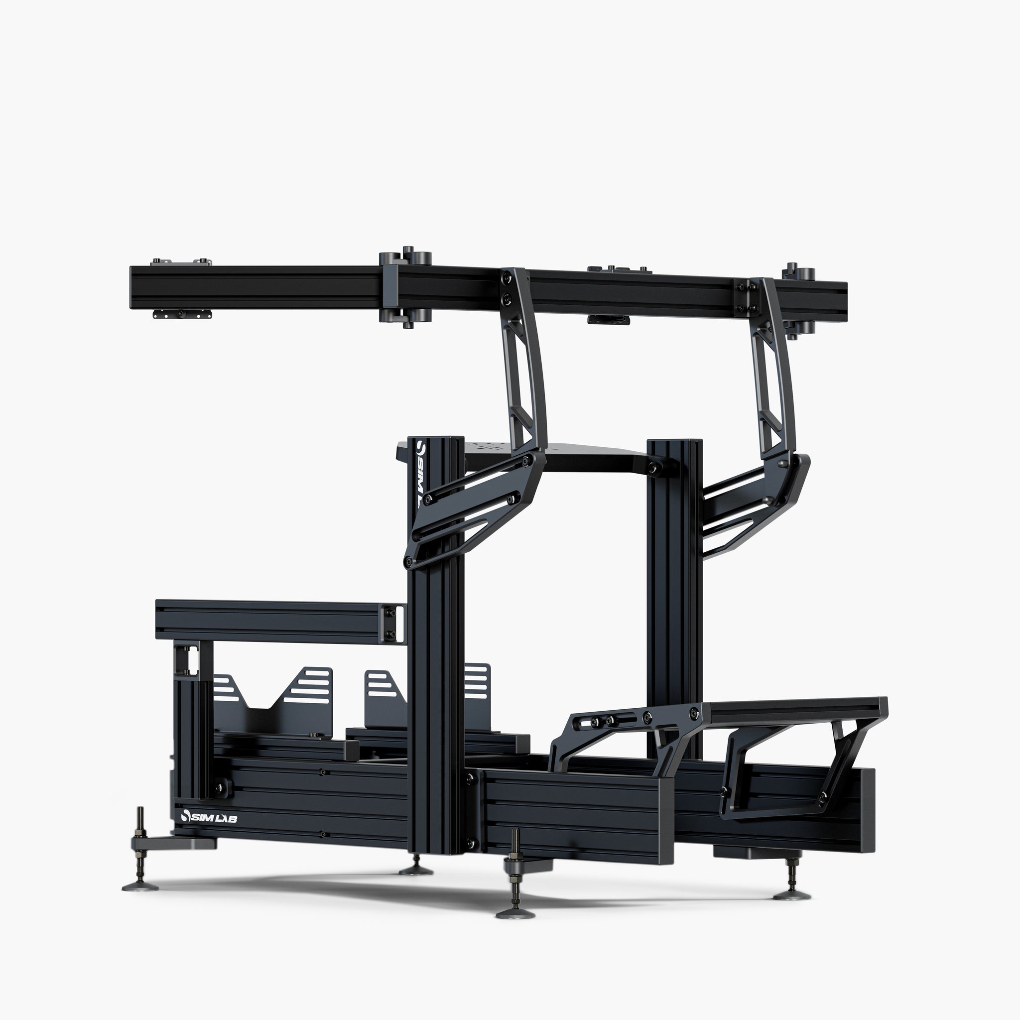 P1X Ultimate sim racing cockpit with wheeldeck mount, triple Integrated monitor mount, and seat mounting brackets. 