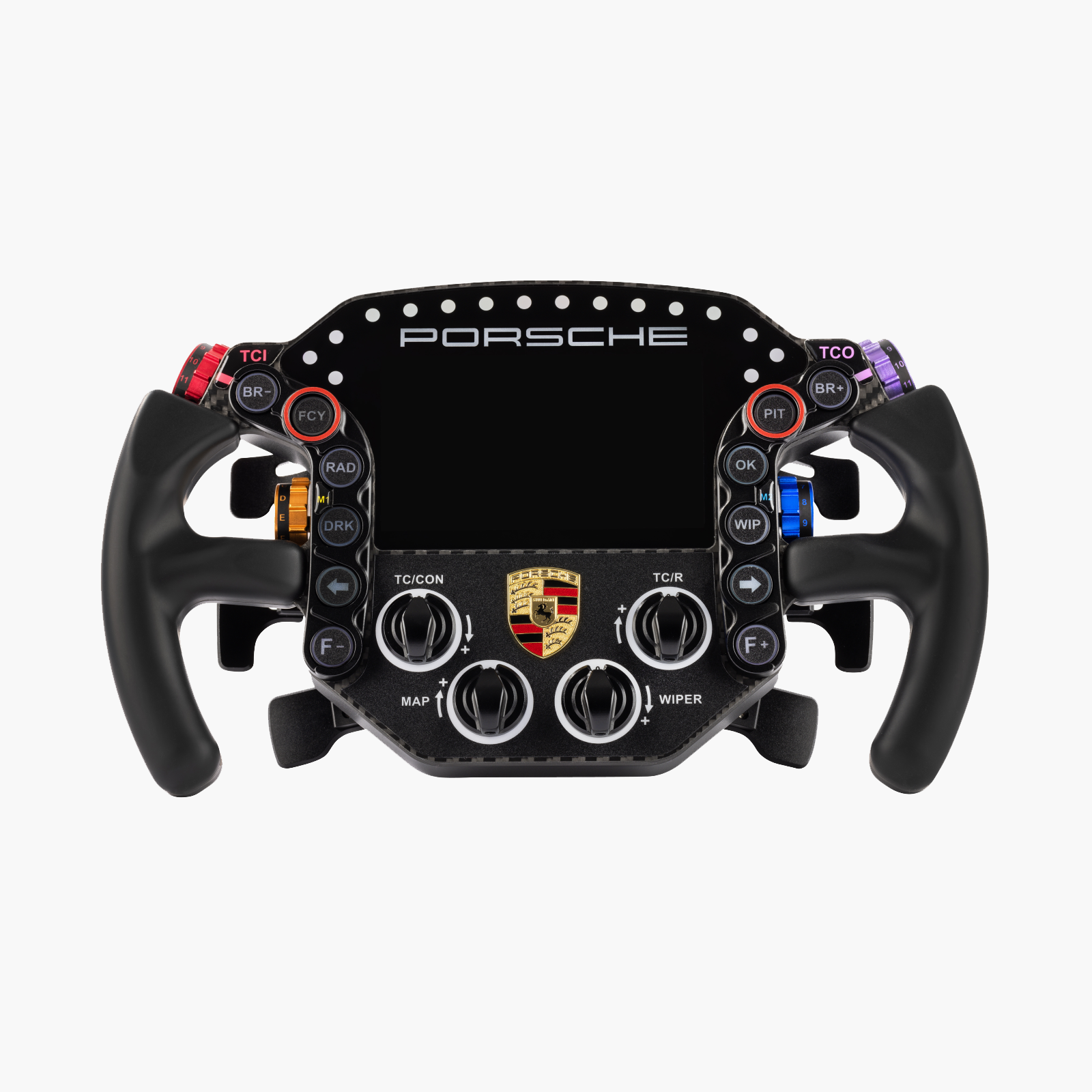 A stunning carbon fiber face crowned with the Porsche crest, lined with vibrant buttons and a sleek LED rev strip.
