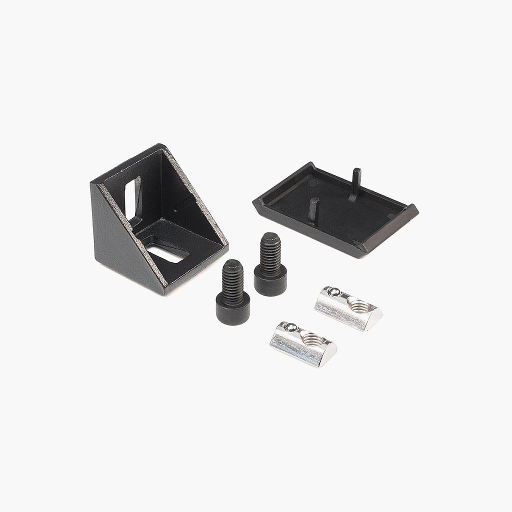 Corner bracket set with caps and fasteners for 40 mm profiles, fits 8 mm slots, 10 pieces per pack.