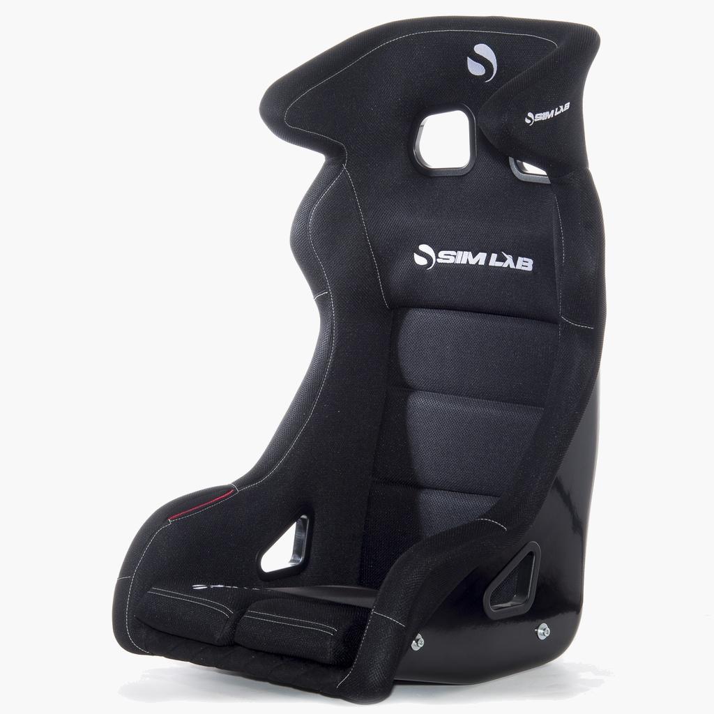 Black Speed1 sim racing seat, side view.