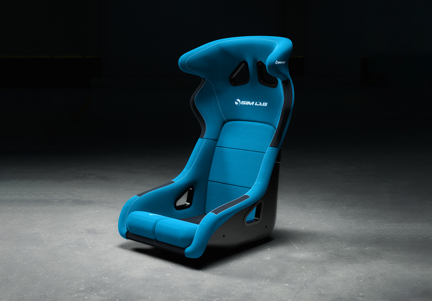 Blue Enduro S1 racing seat with 'Sim-Lab logo on a dark background 