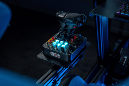 Flight Sim Throttle mount with illuminated buttons on a dark background