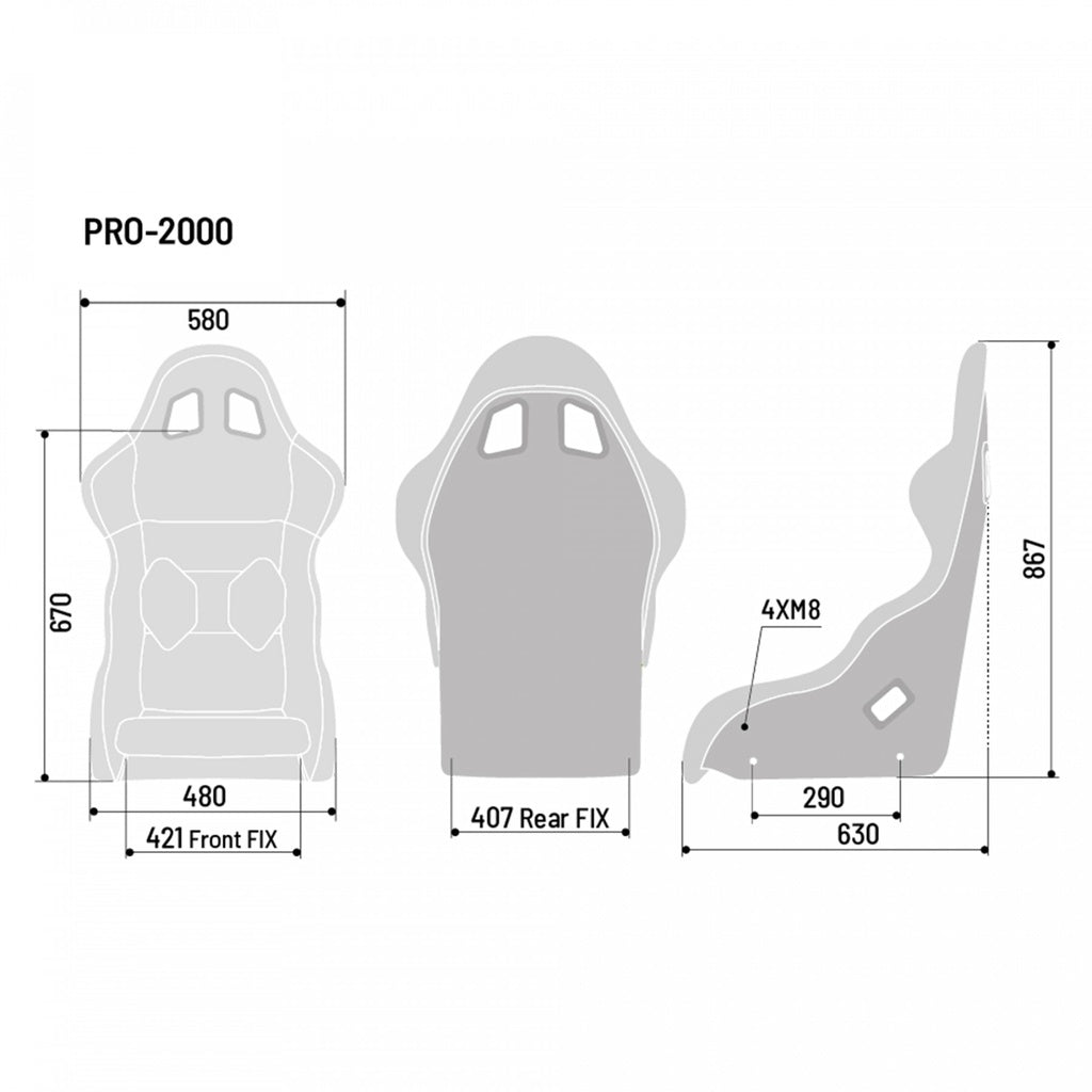 Diagram with the dimensions of Sparco Pro 2000 QRT.