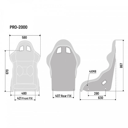 Diagram with the dimensions of Sparco Pro 2000 QRT.