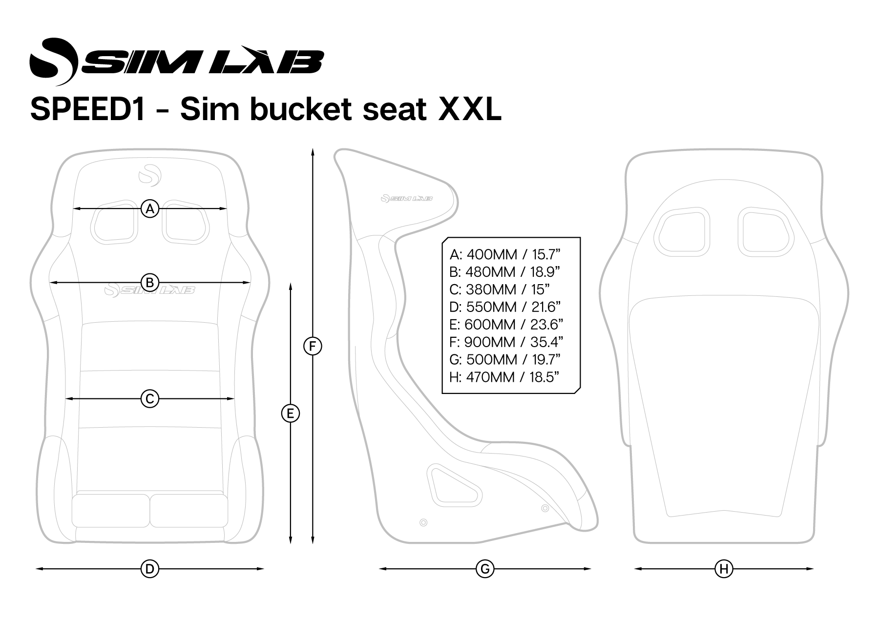 Sim-Lab Speed 1 XXL Bucket Seat Dimensions.