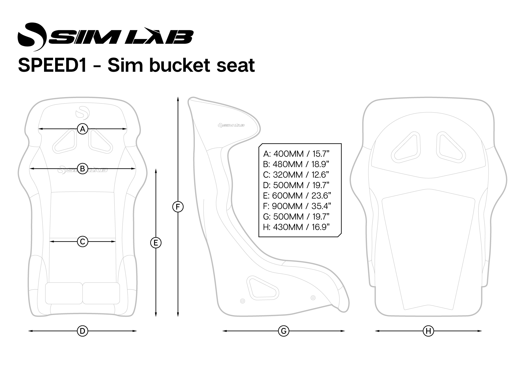 Sim-Lab Speed 1 Bucket Seat Dimensions.