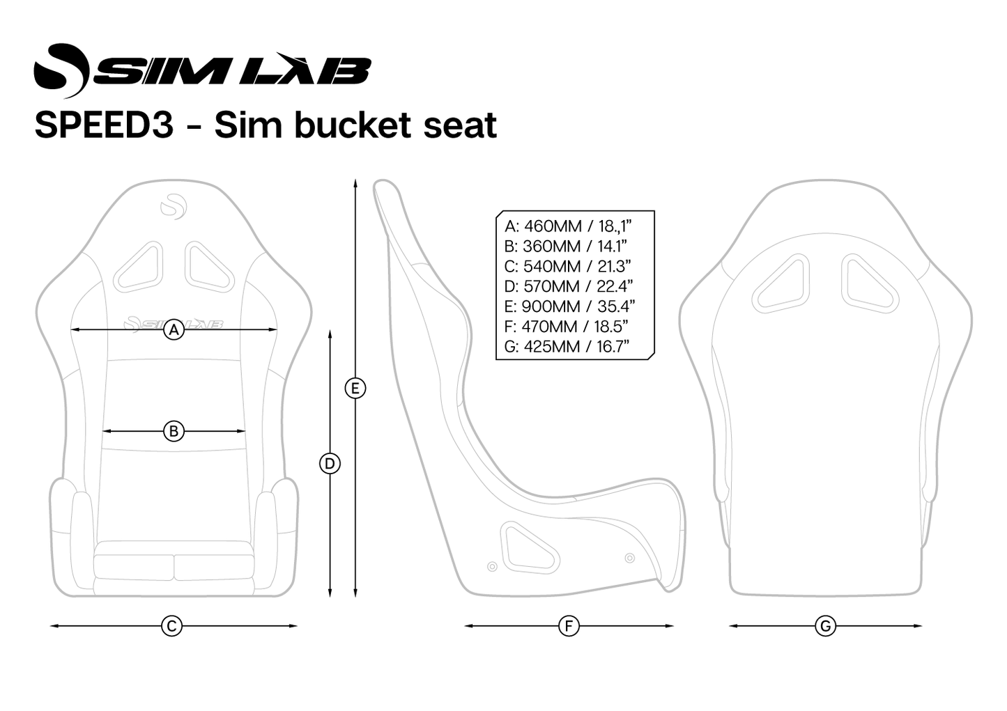 Dimensions of Sim-Lab Speed 3 Bucket Seat.