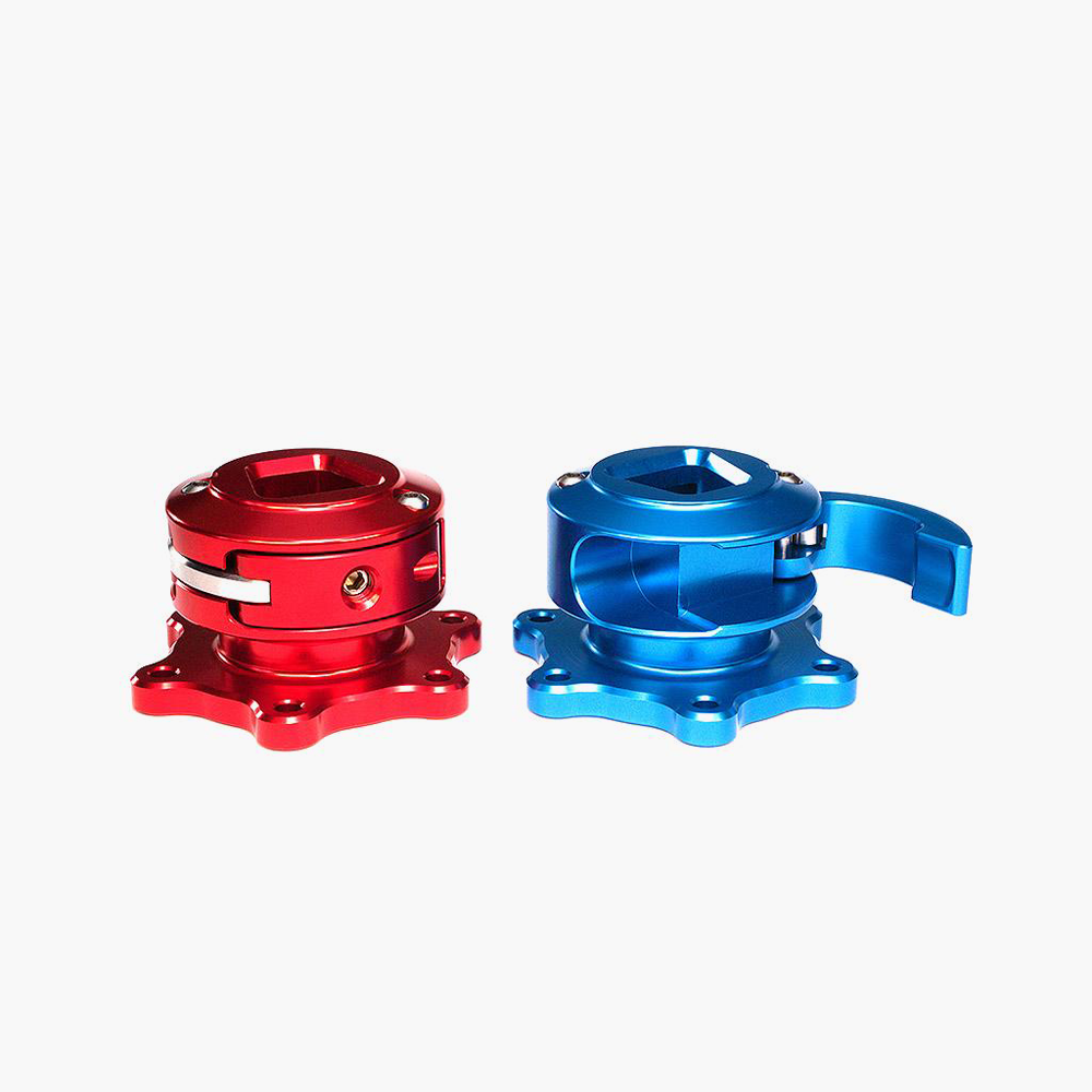 Xero Play quick release with red and blue wheelside adapter.