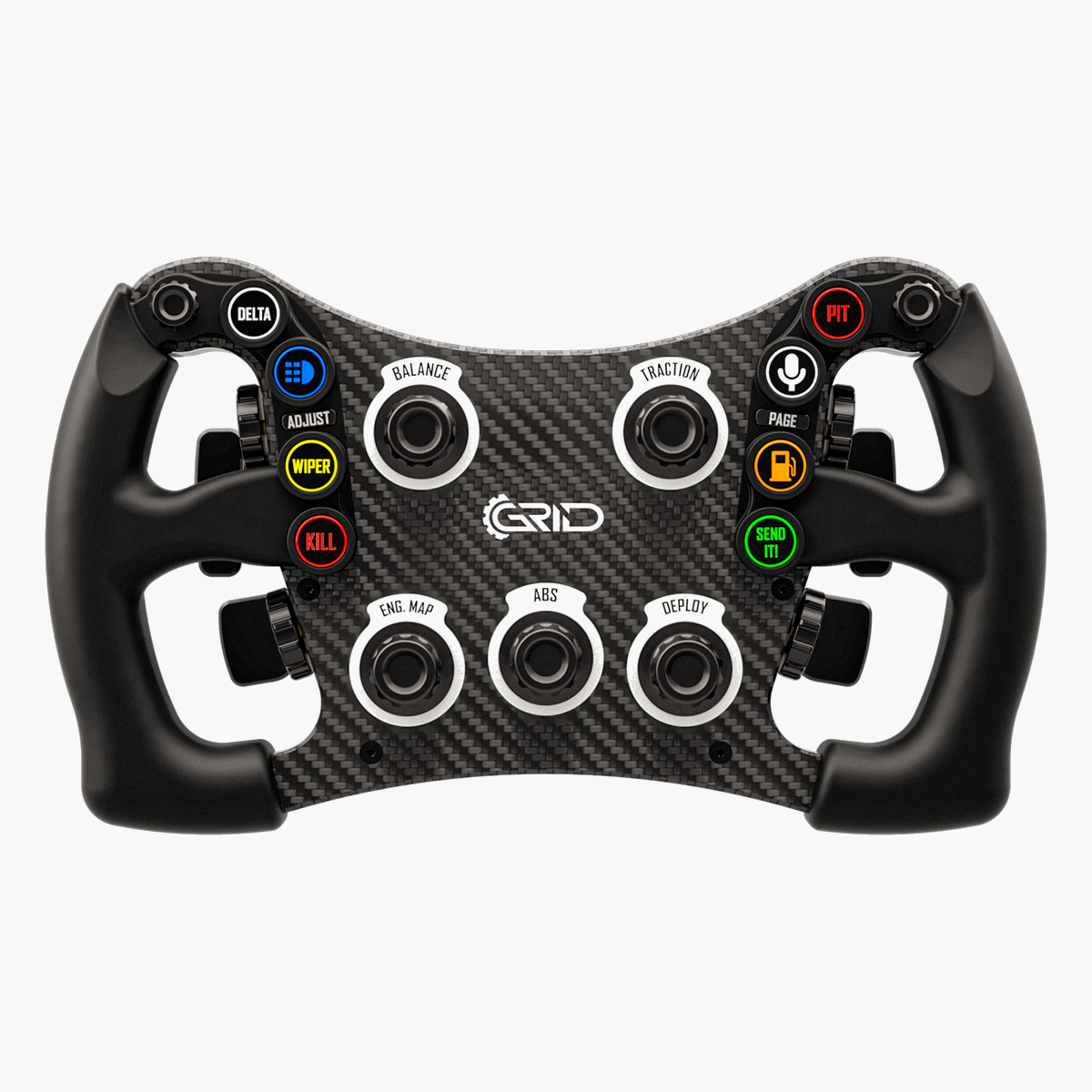 A bold carbon fiber front packed with RGB-backlit buttons, tactile encoders, and a sleek, modern layout built for serious sim racing.