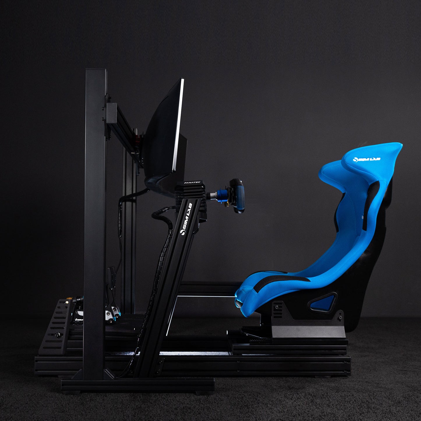 GT1 PRO Sim Racing Cockpit Full Setup with Speed1 Blue Seat and Monitor Stand