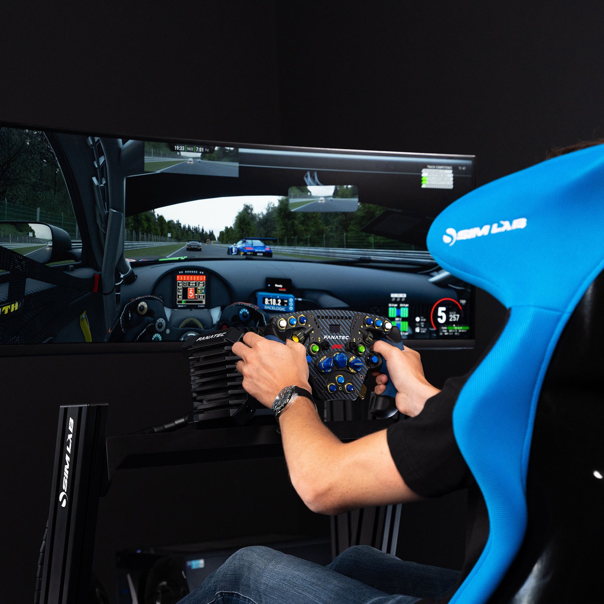 GT1 PRO Sim Racing Cockpit Fully Assembled with Fanatec Wheel while racing