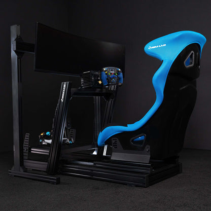 GT1 PRO Sim Racing Cockpit Full Setup with Speed1 Blue Seat and Monitor Stand, the picture shows installed Wheel, XP-1 Pedals, and Monitor