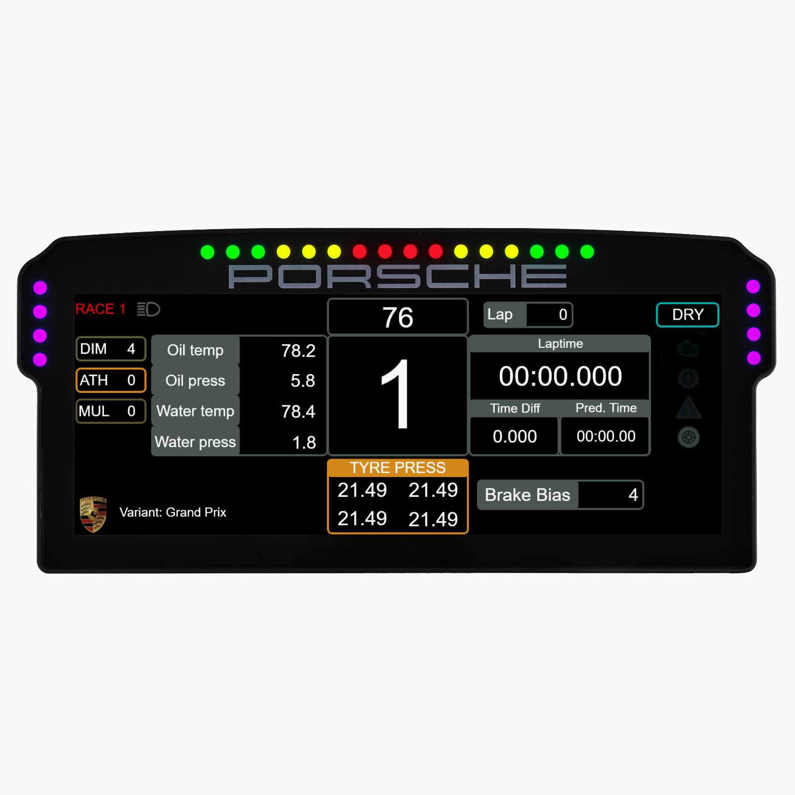 Porsche 911 GT3 Cup Dashboard Display Unit, with built-in overlay.