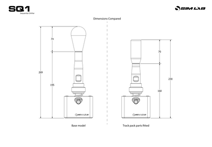 Technical dimension drawing comparing the SQ1 base model and track pack parts.