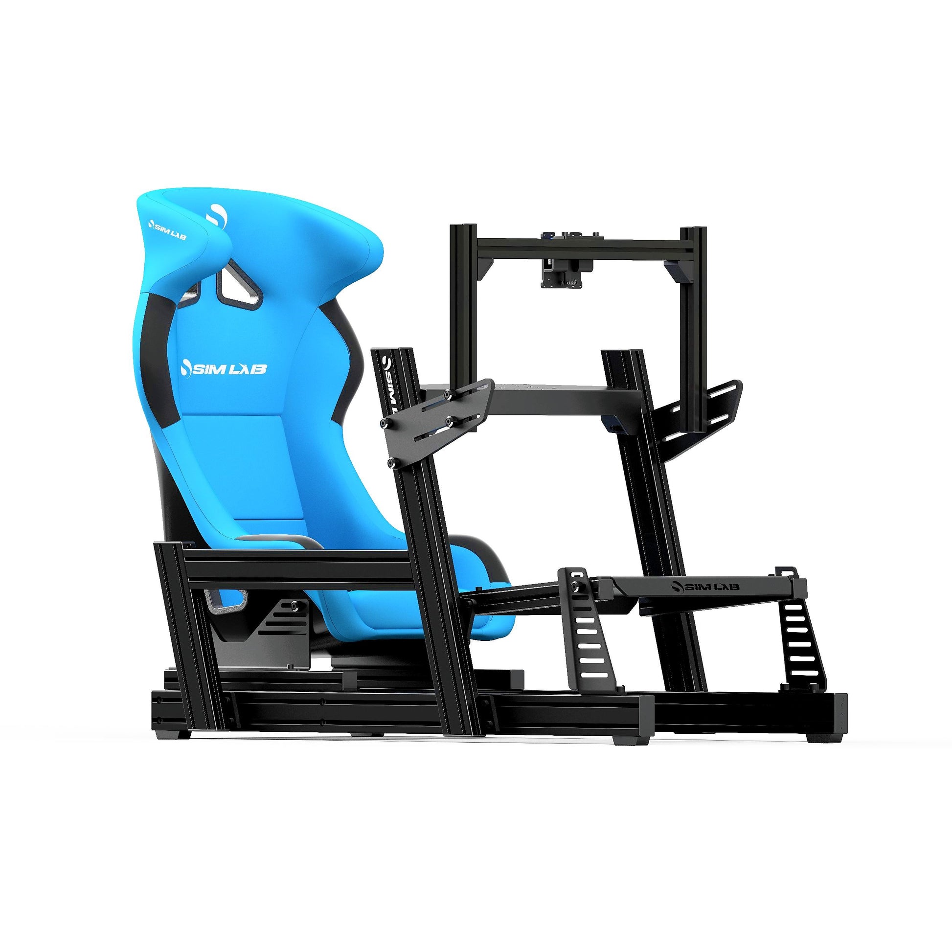 GT1 PRO Sim Racing Cockpit with Blue Speed1 Seat and Integrated Vario Single Monitor Mount