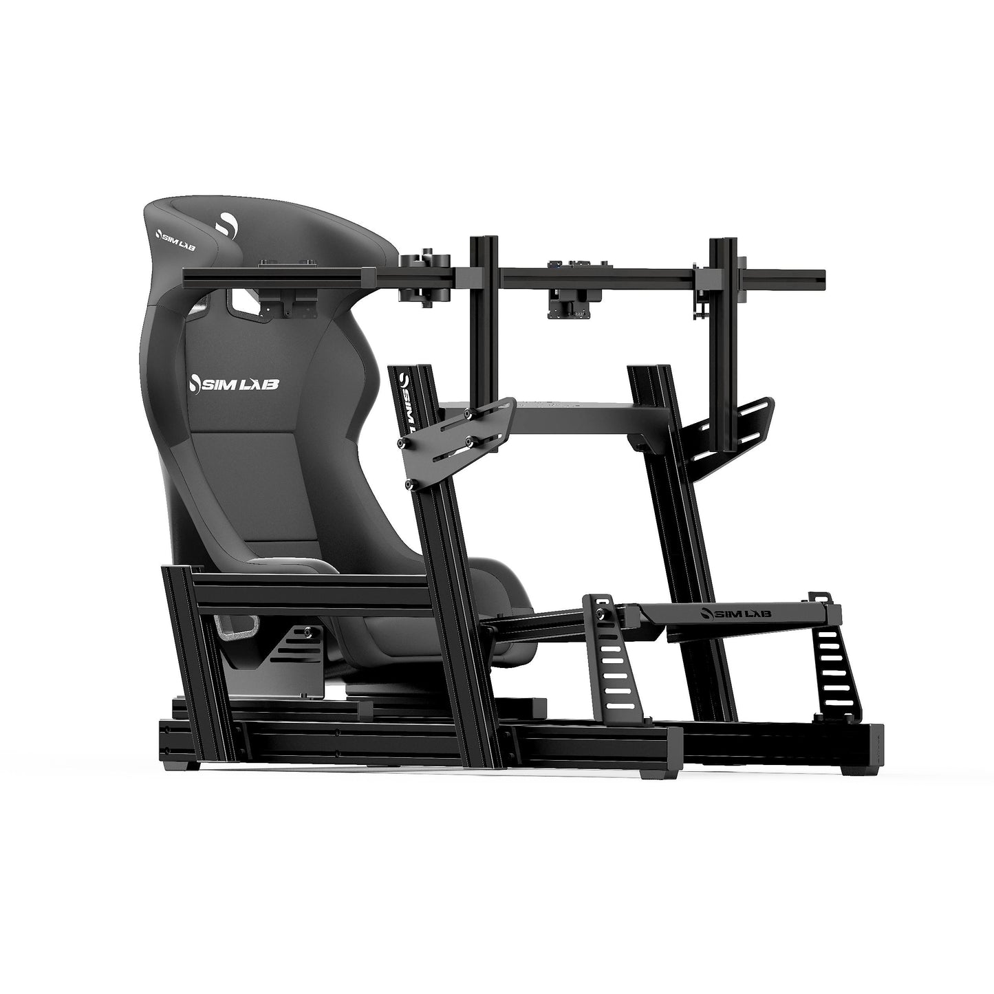 GT1 PRO Sim Racing Cockpit with Black Speed1 Seat and Integrated Vario Triple Monitor Mount