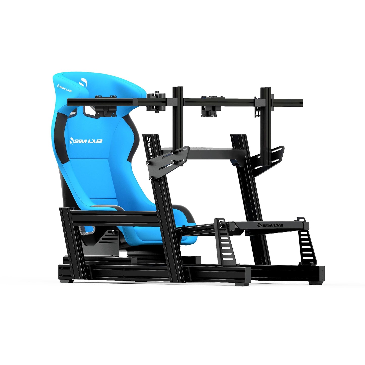 GT1 PRO Sim Racing Cockpit with Blue Speed1 Seat and Integrated Vario Triple Monitor Mount