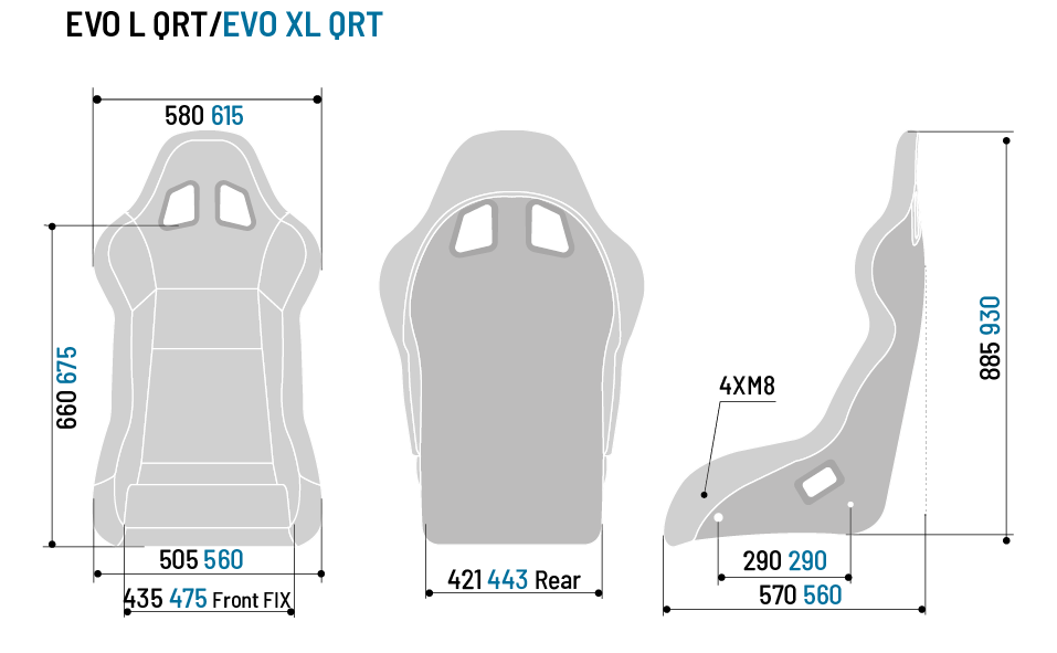 Diagram with the dimensions of Sparco EVO XL QRT. 