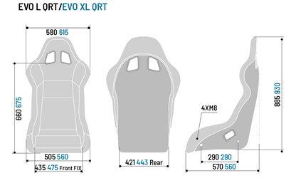 Diagram with the dimensions of Sparco EVO XL QRT. 