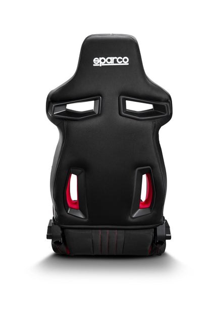 Back side of the Sparco R333 sim racing seat with red accents.