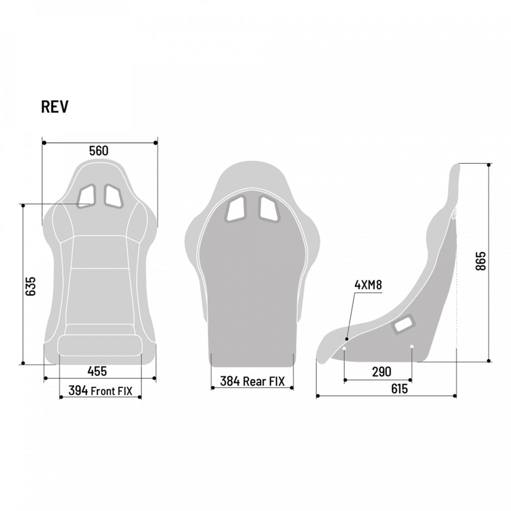 Diagram with the dimensions of the Sparco REV QRT seat.