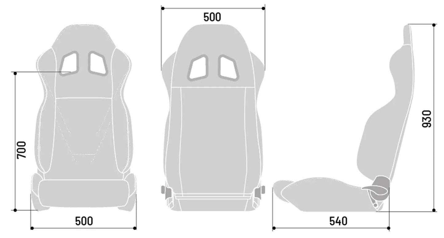 Diagram with the measurements of the R100 seat.  