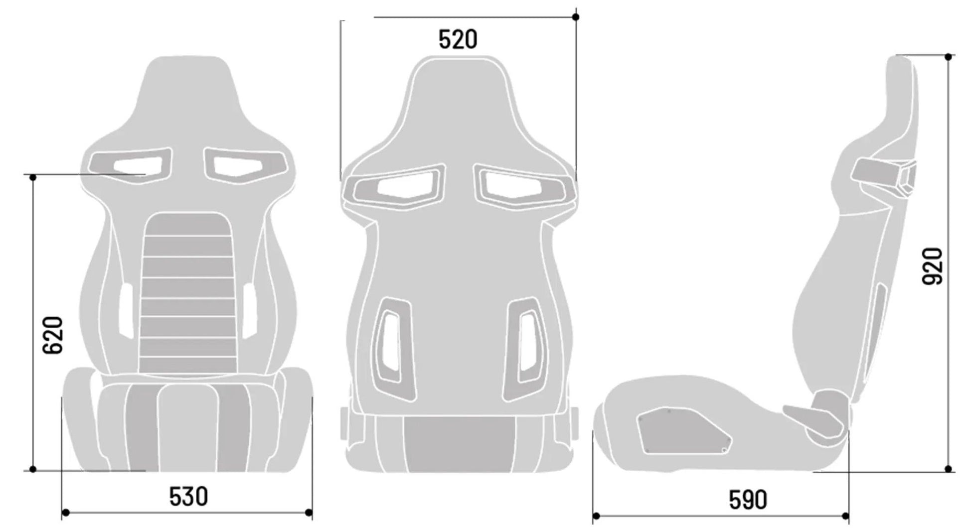 Diagram with the measurements of the R33 sim racing seat. 