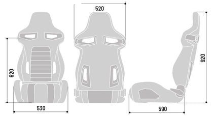 Diagram with the measurements of the R33 sim racing seat. 